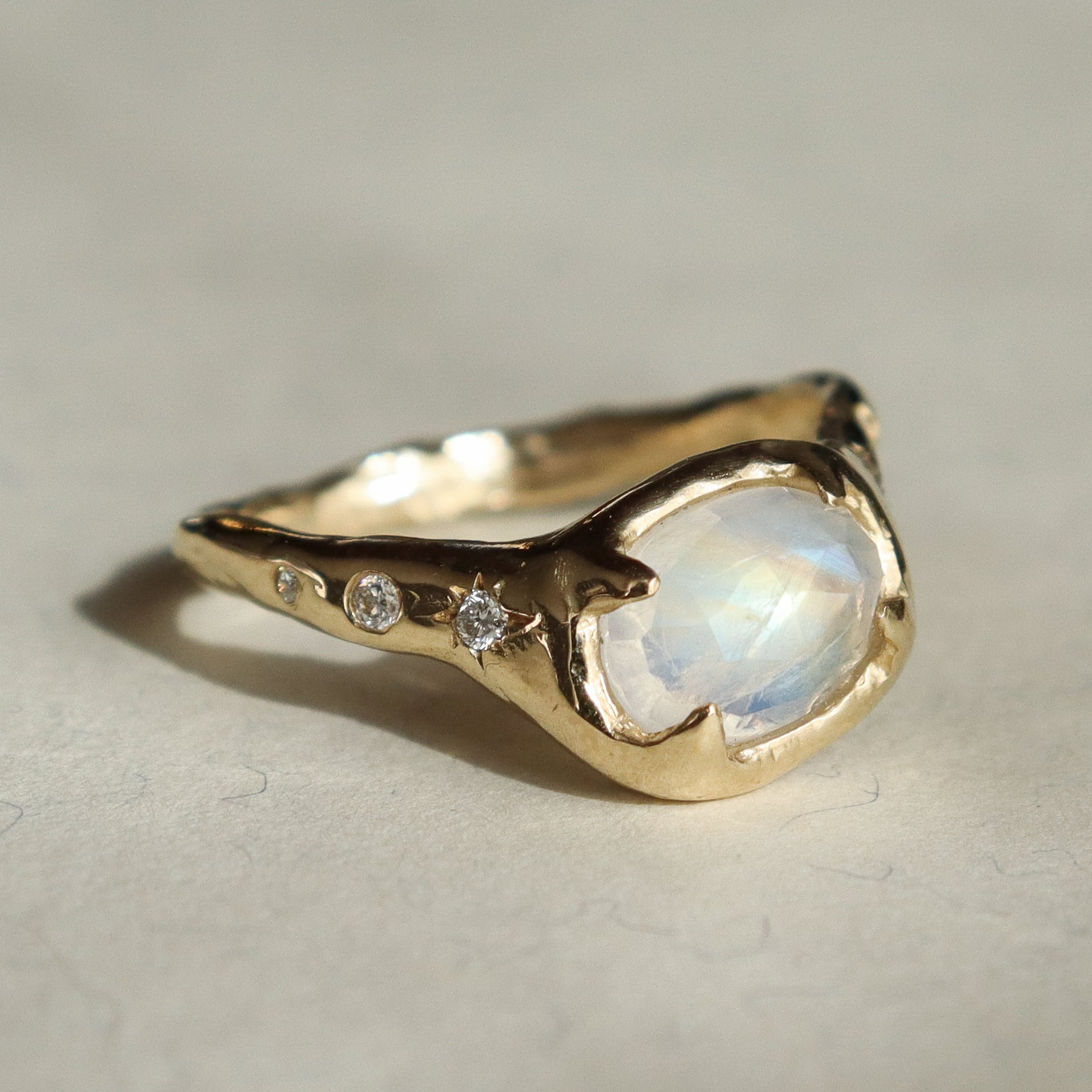 The Realm | Moonstone and Star Set Diamond Ring, 14k Gold