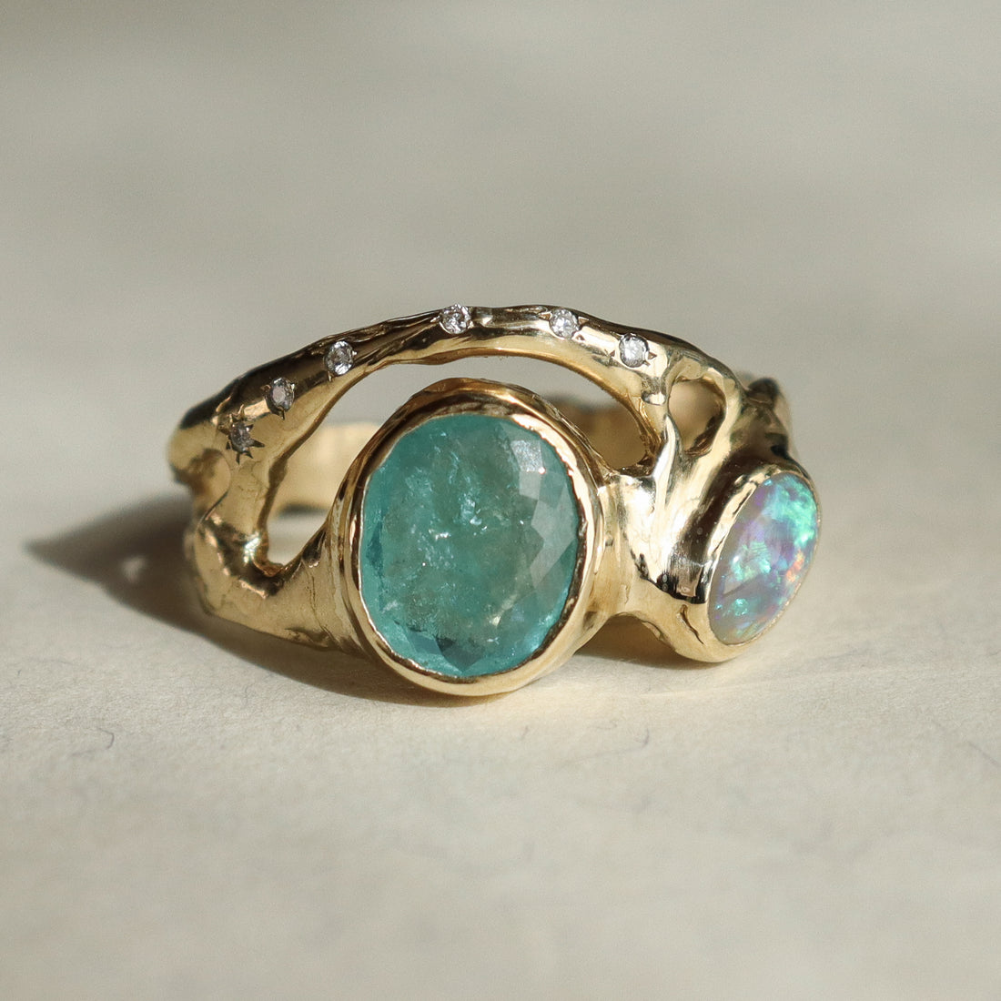 Mermaid Lagoon Ring | Paraiba Tourmaline, Opal, Diamonds, 14k Gold