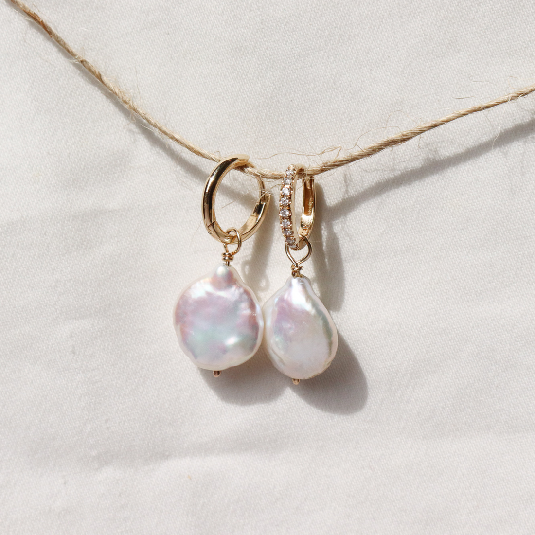 Baroque pearl hoop charms on gold hoops