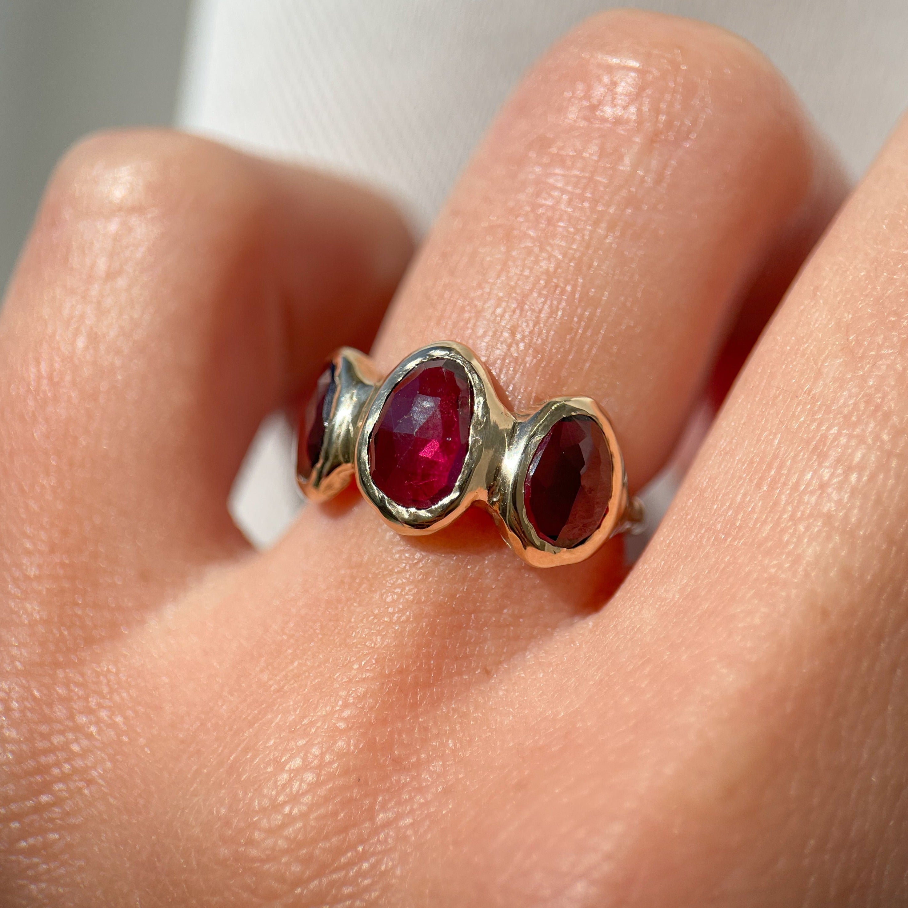 Rhodolite Garnet Ring newest with 3 Round Stones